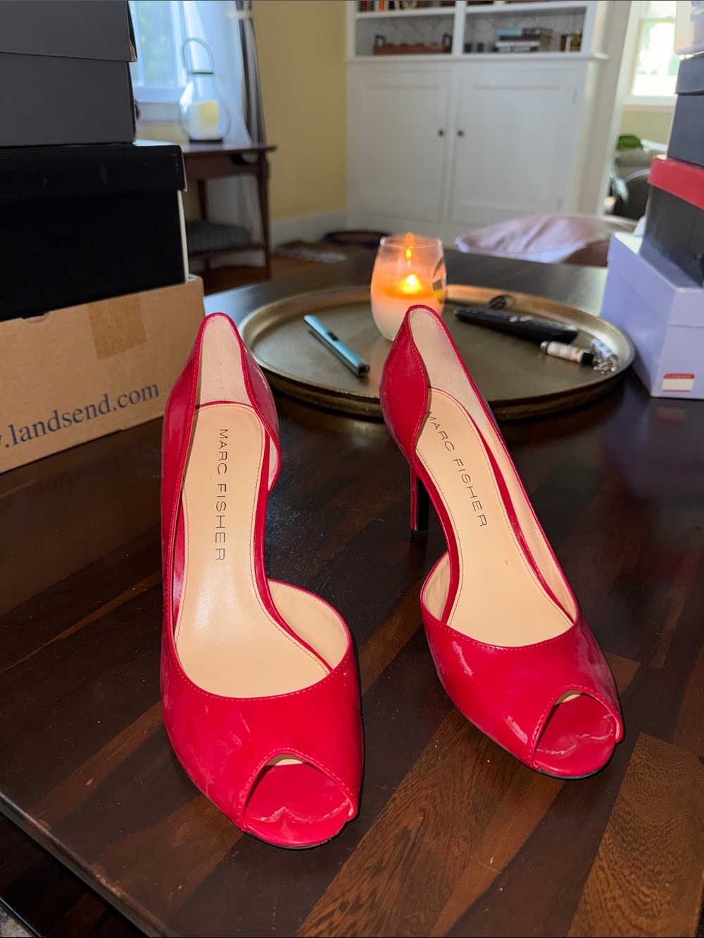 Marc Fisher Bright Red Patent Leather Peep-Toe Heels